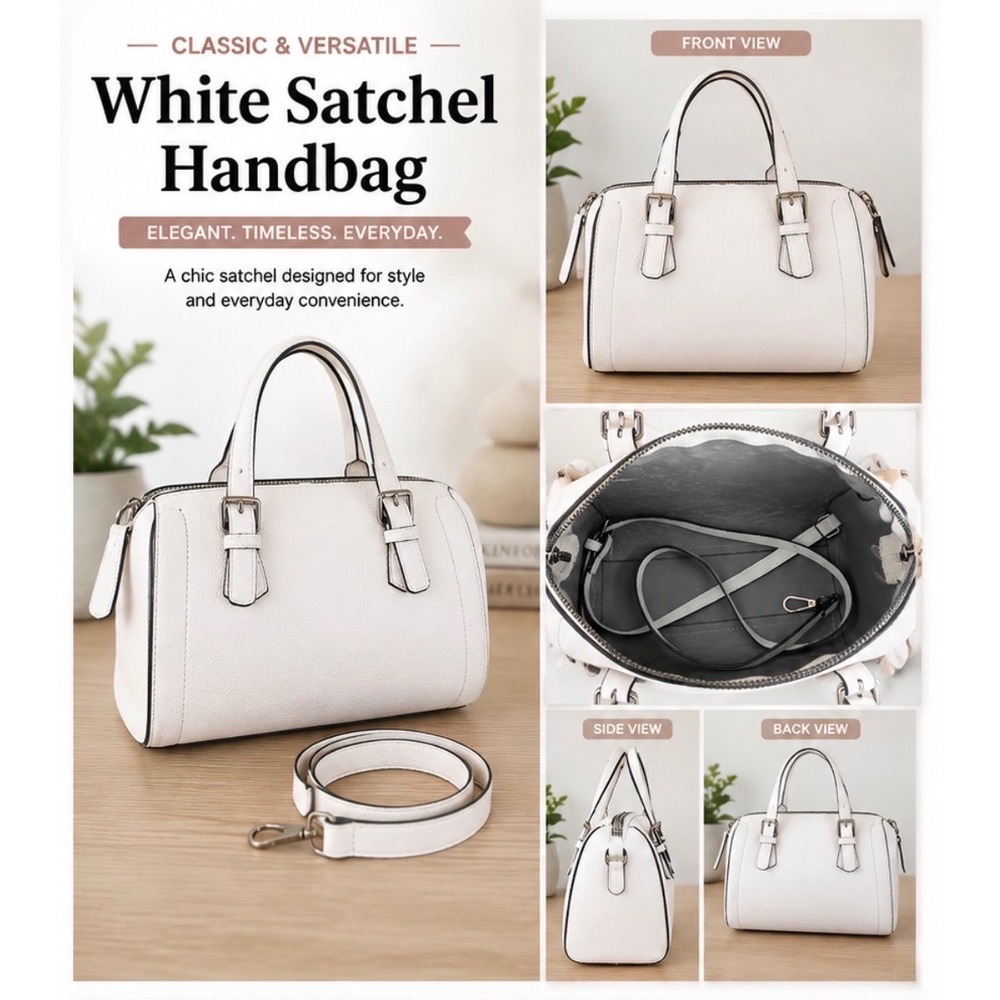 White Pebbled Satchel Handbag Adjustable Handles Crossbody Strap Zip Closure